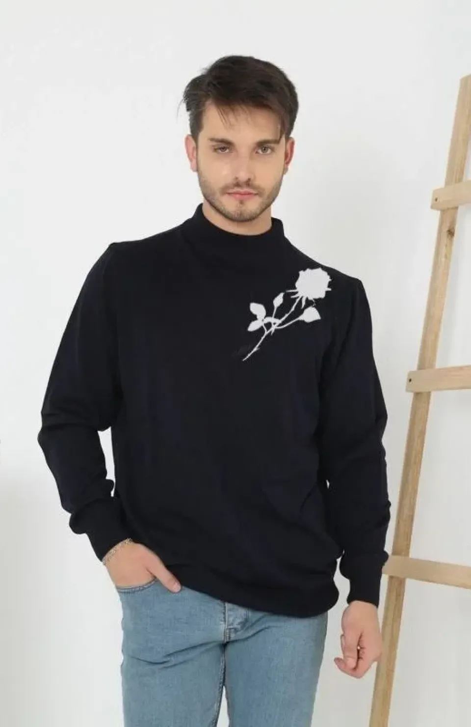 Baskılı Yarım Boğazlı Uzun Kol Dokuma Triko - Siyah