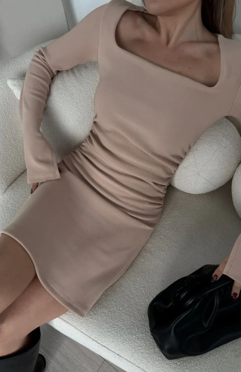 Kare Yaka Mını Boy Fitilli Elbise - Bej