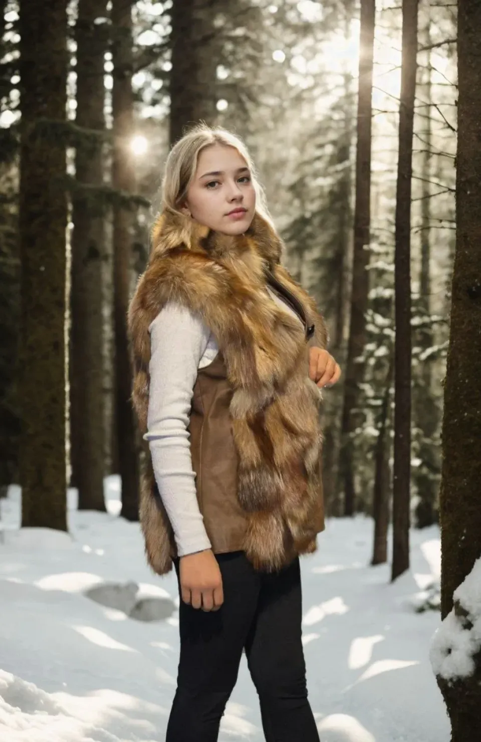 Kadın Kolsuz Hakiki Deri Kürk - Kahve