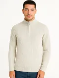 Erkek Yarım Fermuarlı Triko Kazak – Selanik Örgü, Dik Yaka, Pamuklu Dokuma, Regular Fit Uzun Kollu Kışlık Model - Bej