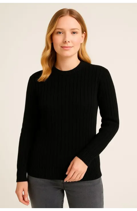 Kadın Bisiklet Yuvarlak Yaka Triko Kazak Pamuklu Kalın Fitilli Dokuma, Regular Fit Uzun Kollu Kışlık Model - Siyah