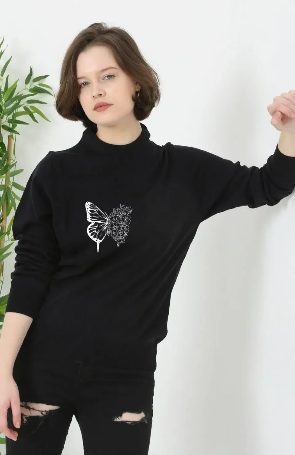 Unisex Bisiklet Yaka Baskılı Dokuma Triko - Siyah