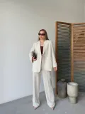 Keten Ceket Pantolon İlik Düğmeli Uzun Kollu Yırtmaçlı ikili Takım - Beyaz