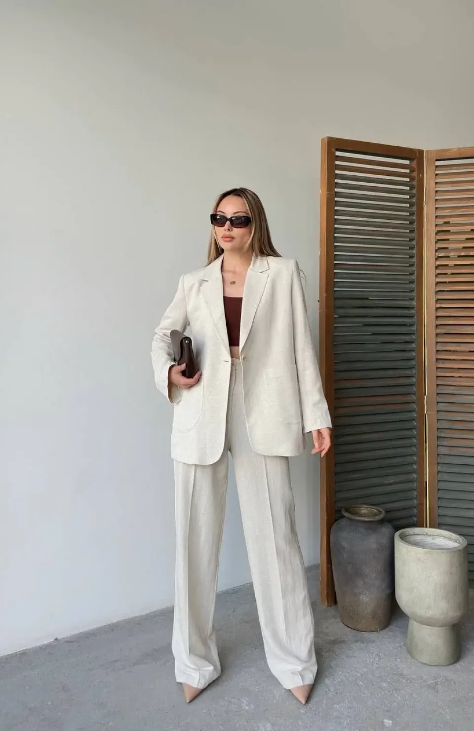 Keten Ceket Pantolon İlik Düğmeli Uzun Kollu Yırtmaçlı ikili Takım - Beyaz