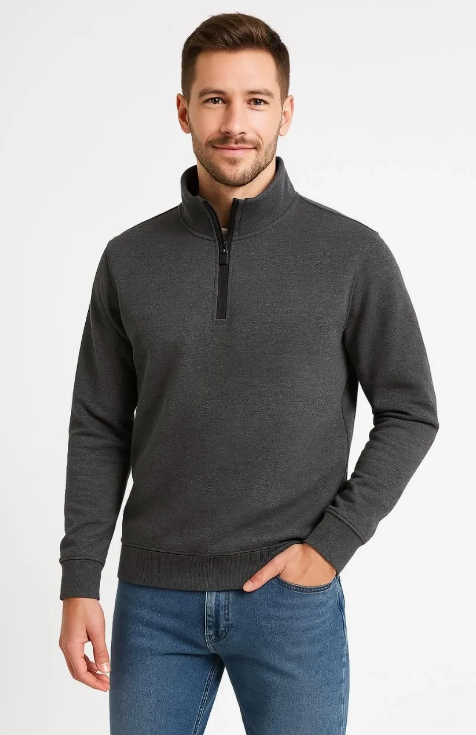Erkek Dik Yaka Sweatshirt Dik Yaka Yarım Fermuarlı 3 İplik Şardonlu Pamuk Kumaş - Antrasit