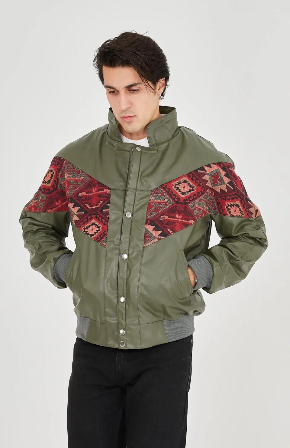 Erkek İçi Astarlı İçten Yaka Kısmı Peluşlu Suni Kumaş Vintage Ceket - Haki