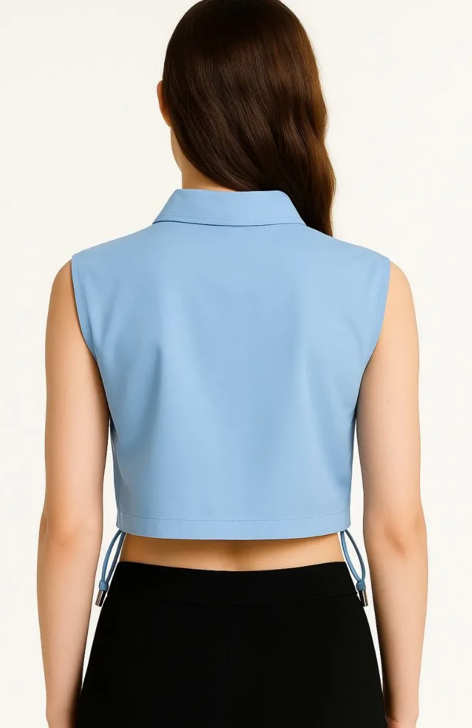 Kadın Crop Poplin Gömlek Yalancı Cepli, Ayarlanabilir Yan Kordonlu, - Bebe Mavisi