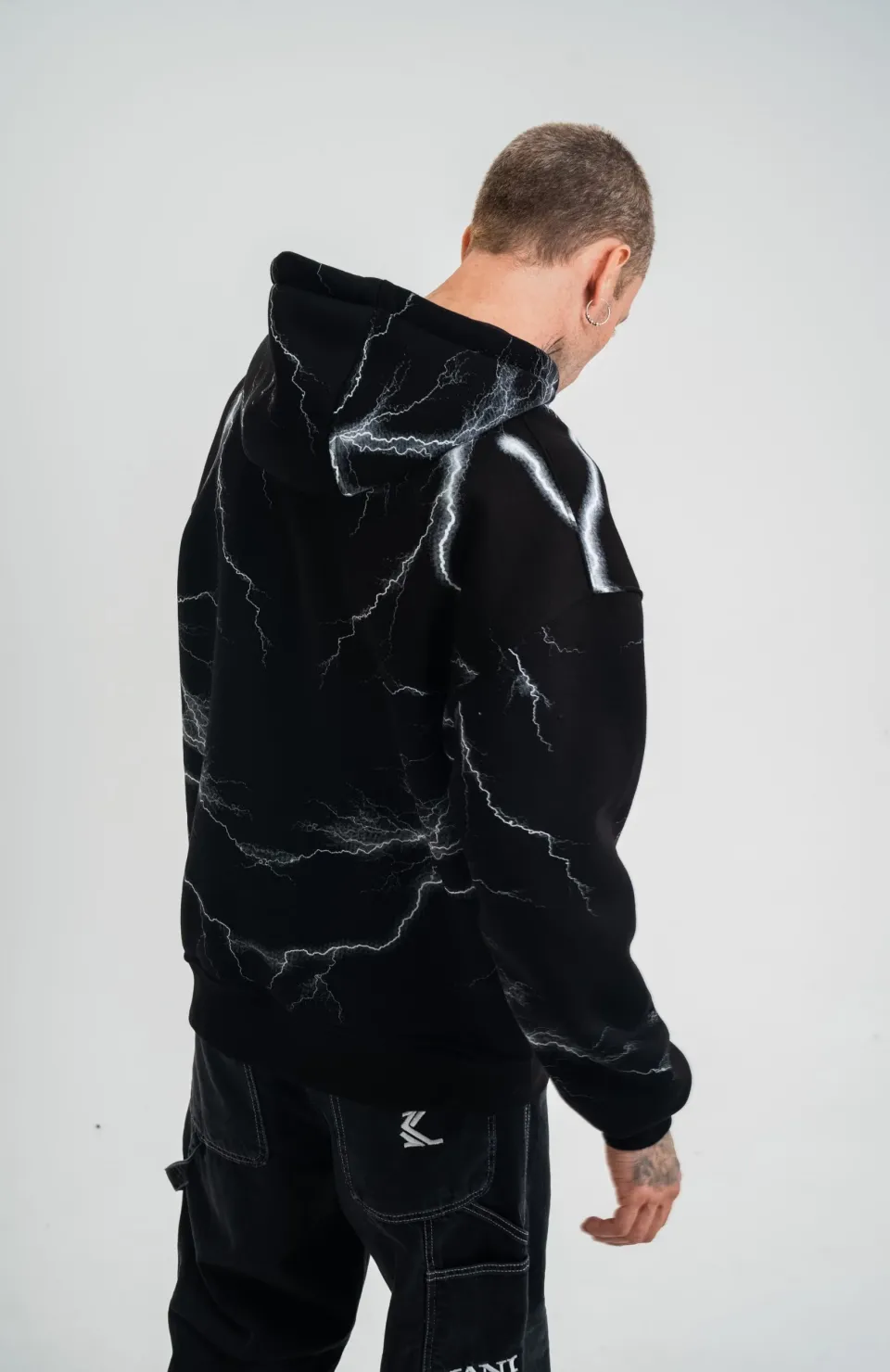 Double Oversize Kapşonlu Şimşek Pano Baskılı SweatShirt - Siyah