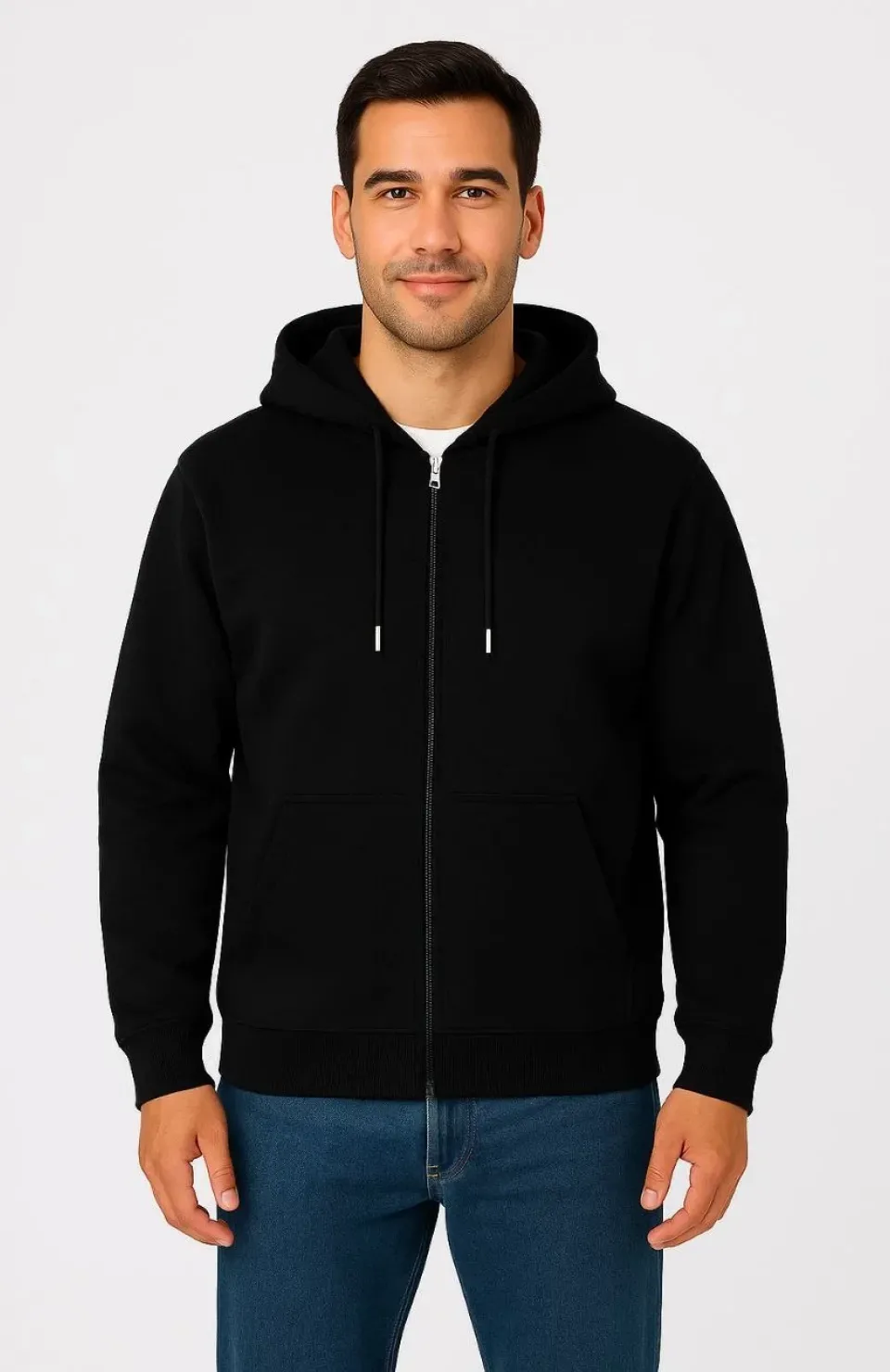 Erkek Üç İplik Kapüşonlu Tam Fermuarlı Kanguru Çepli SweatShirt Hoodie - Siyah
