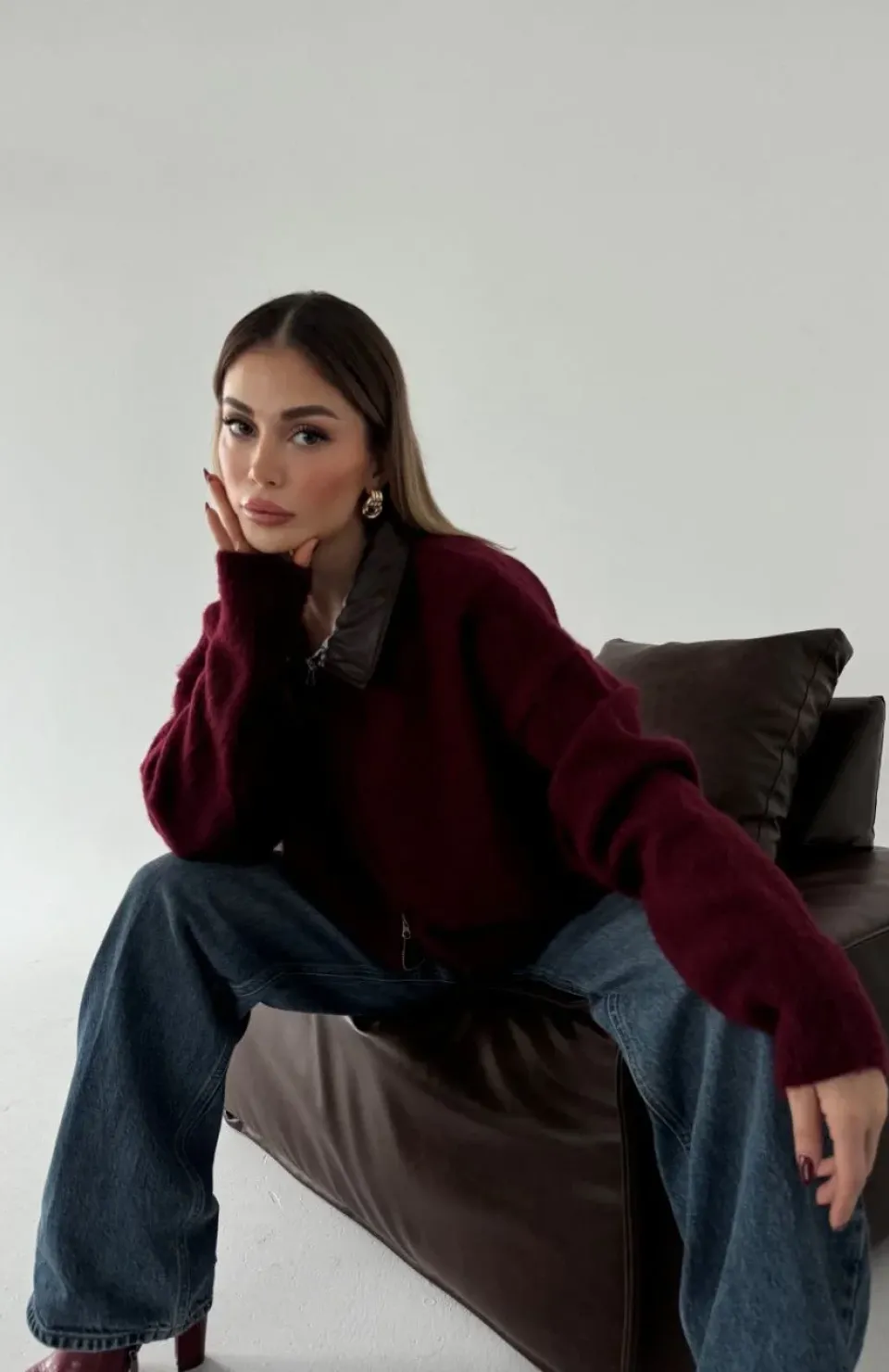 Deri Yakalı Pamuk dokulu Çift Taraflı Çalışan Fermuar Ceket - Bordo