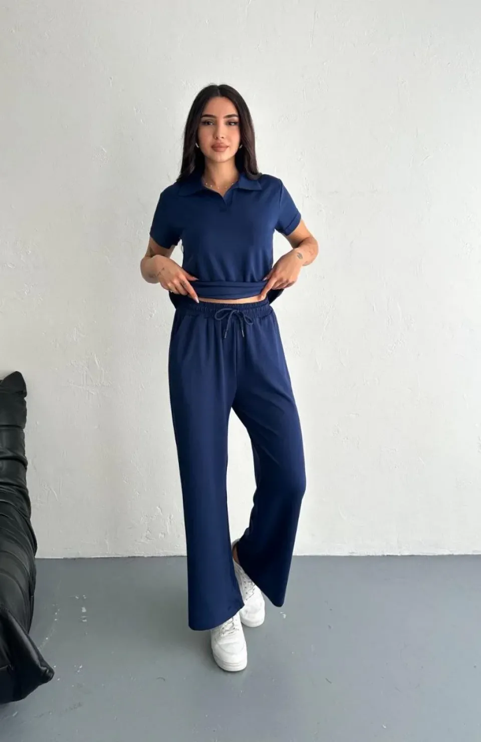 Osy Modal Yumuşak Dokulu Kumaş Kısa Kollu Yakalı T-shirt Pantalon ikili Takım- Lacivert