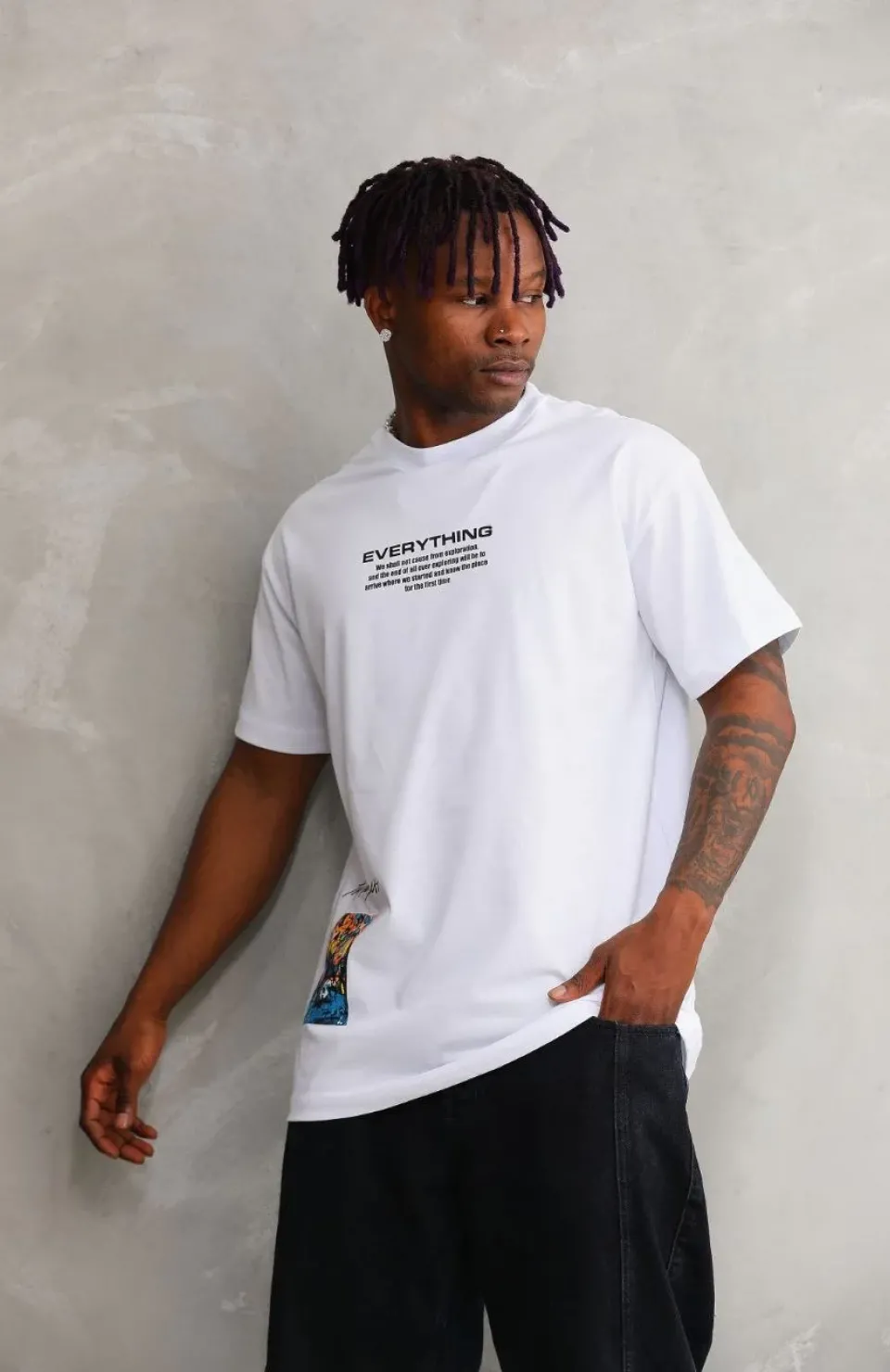 Unisex Bisiklet Yaka Baskılı Oversize T-Shirt - Beyaz