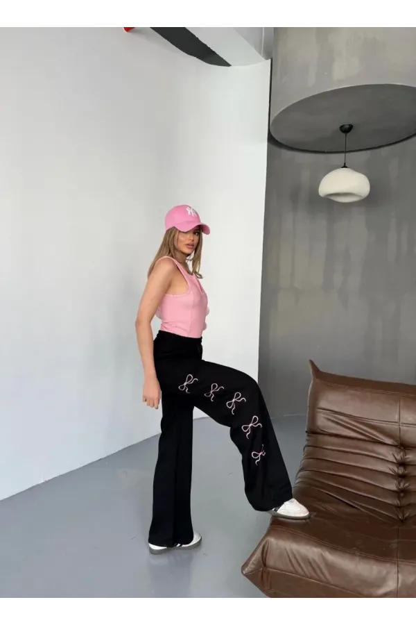 Osy Modal Yumuşak Dokulu Kumaş Nakış işlemeli Rahat Bol Paça Eşofman Pantalon - Siyah