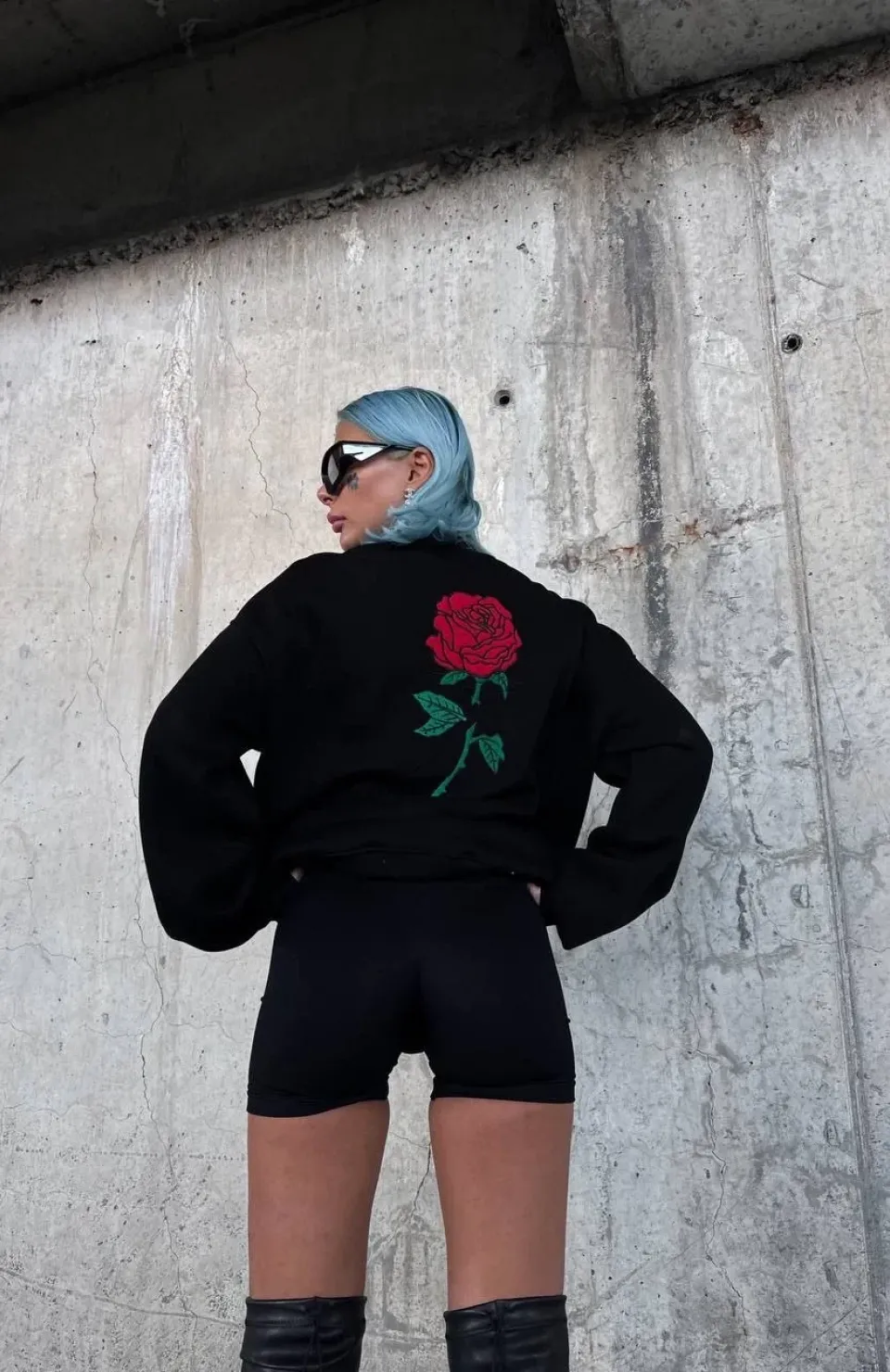 Oversize Üç İplik Bisiklet Yaka Baskılı SweatShirt - Siyah