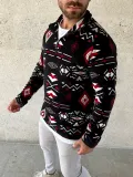 Erkek Yarım Fermuarlı Desenli Polar Sweat Tribal Etnik Desen Yakalı, Uzun Kollu, Oversize Rahat Kalıp, - Siyah