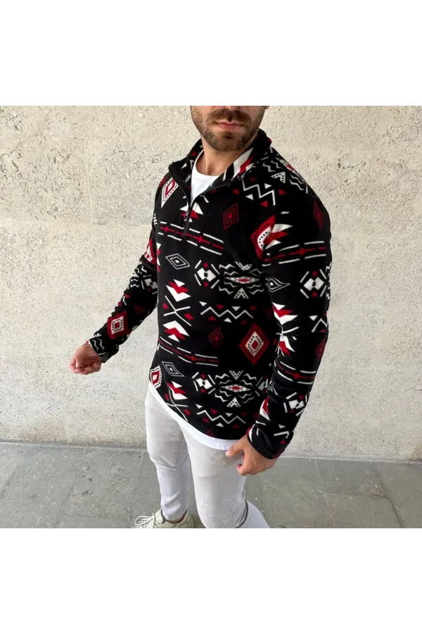 Erkek Yarım Fermuarlı Desenli Polar Sweat Tribal Etnik Desen Yakalı, Uzun Kollu, Oversize Rahat Kalıp, - Siyah