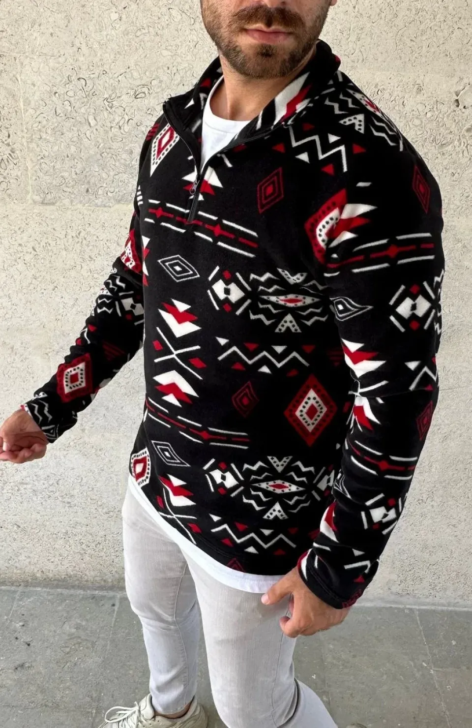Erkek Yarım Fermuarlı Desenli Polar Sweat Tribal Etnik Desen Yakalı, Uzun Kollu, Oversize Rahat Kalıp, - Siyah