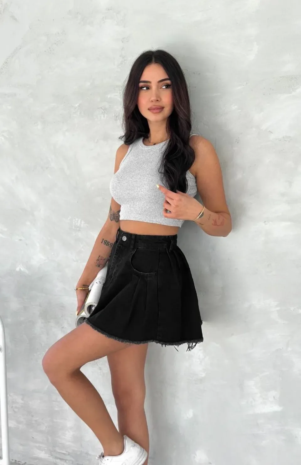 Şık Pileli Yazlık Mini Etekli Kot- Siyah