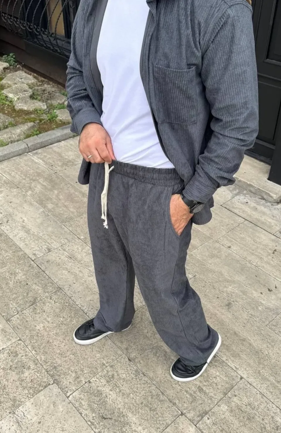 Erkek Fitilli Kadife Cepli Buggy Pantolon Oversize Rahat Kalıp - Füme