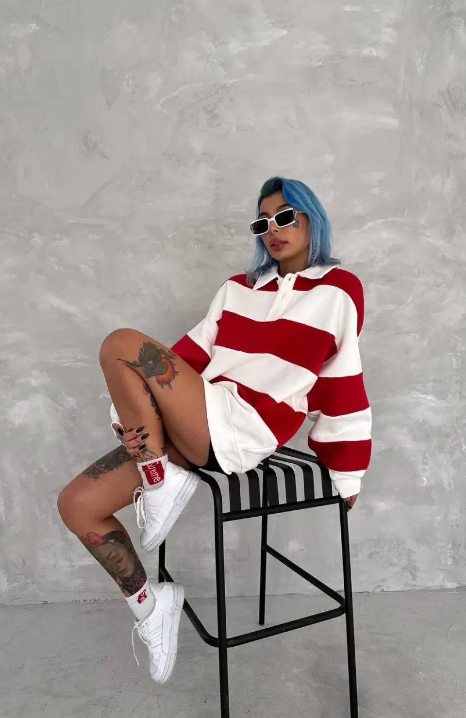 Unisex Üç İplik Parçalı Yakalı SweatShirt - Kırmızı