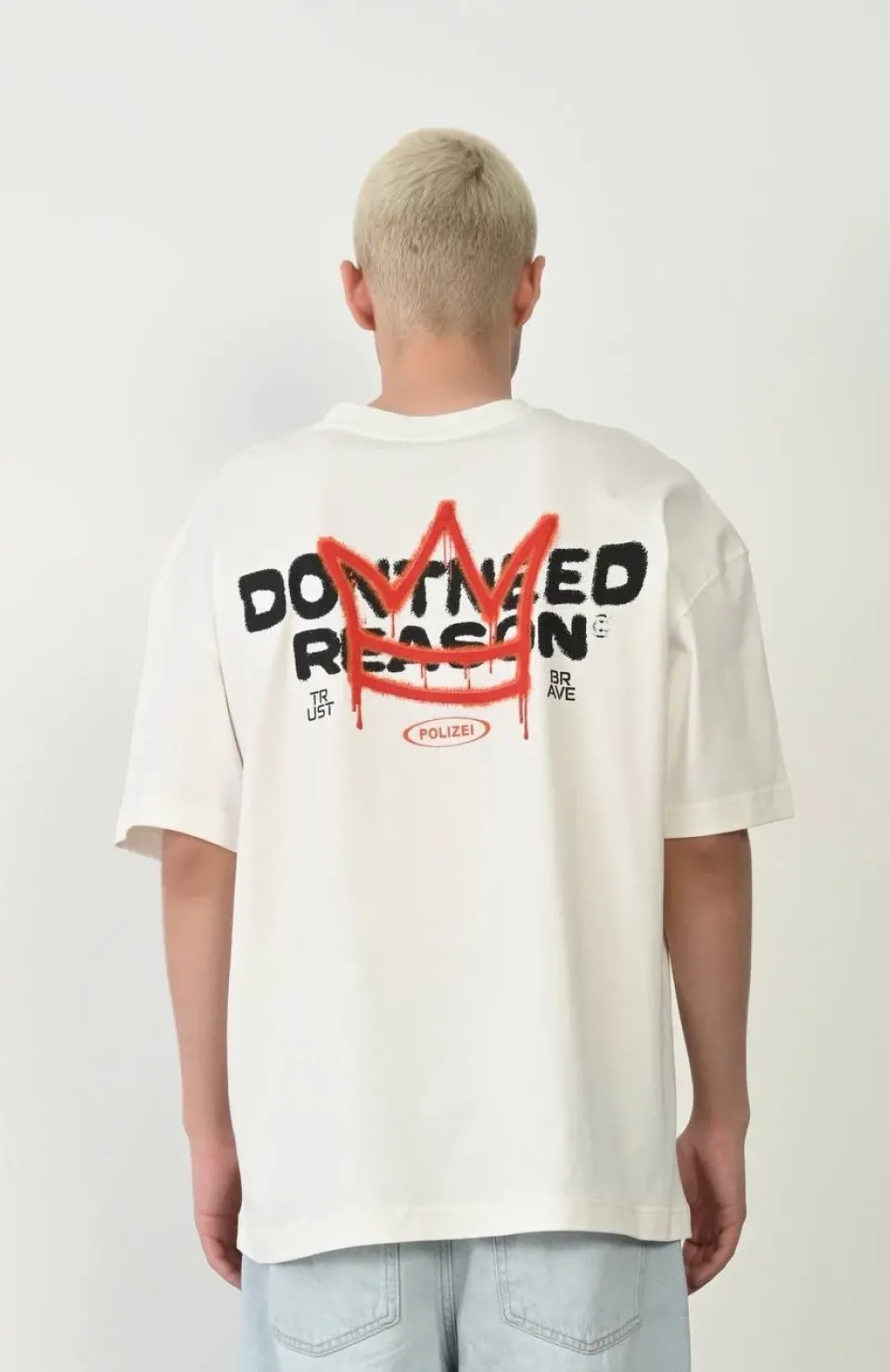 Unisex Bisiklet Yaka Baskılı Oversize T-Shirt - Beyaz