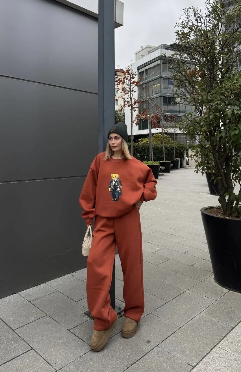 Bisiklet Yaka Üç İplik Sweat Takım - kiremit