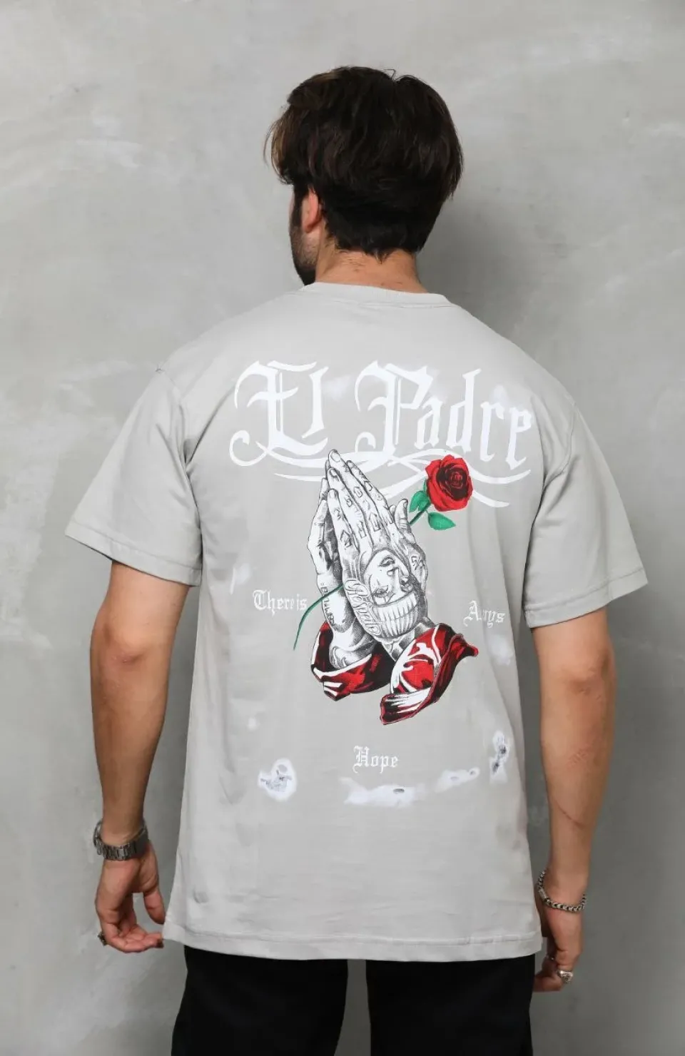 Unisex Bisiklet Yaka Baskılı Oversize T-Shirt - Gri