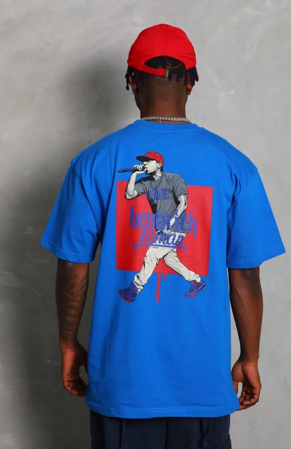 Unisex Oversize Baskılı Bisiklet Yaka T-Shirt - Mavi