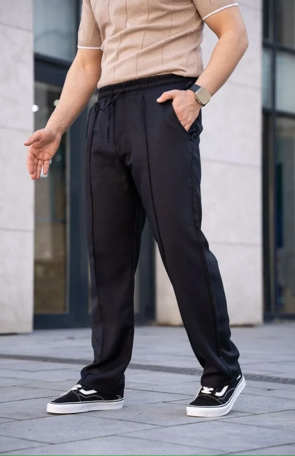 Erkek Keten Cepli Çıma Dikişli jogger Buggy Pantalon Rahat kalıp - Siyah