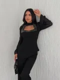 Penye Uzun Kollu Kadın Kolları Şifon Göğüste İnci Boncuk detaylı Bluz - Siyah