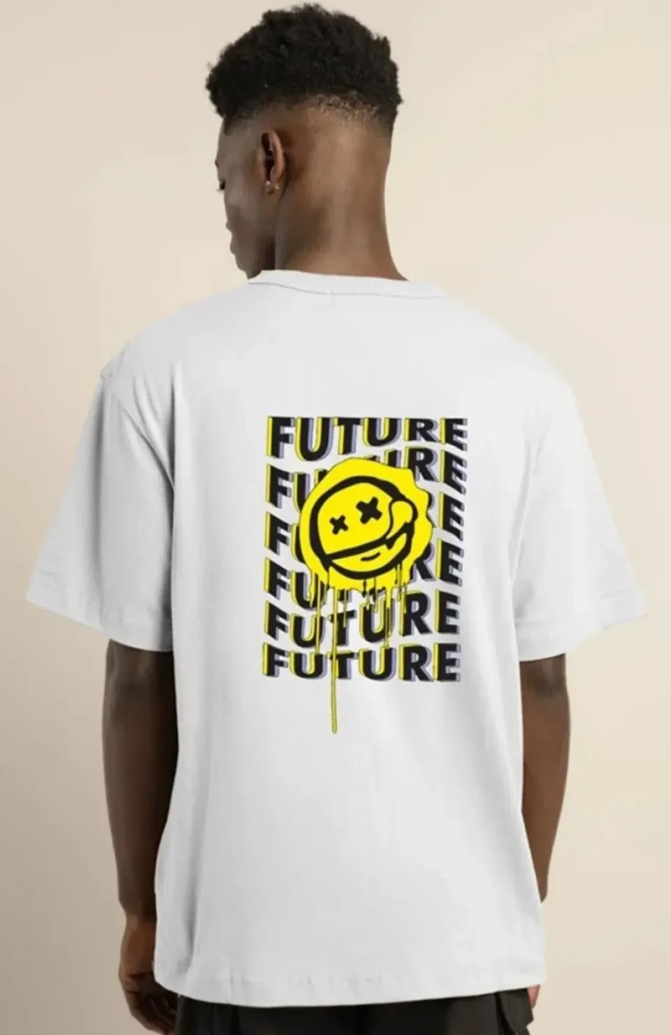 Unisex Bisiklet Yaka Baskılı Oversize T-Shirt - Beyaz