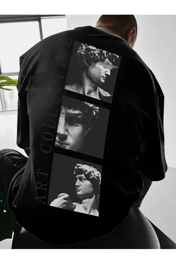 Benzersiz Sırt Baskılı Erkek Sokak Stili Bol Tişört - Nefes Alabilir Polyester, Makinede Yıkanabilir - Siyah