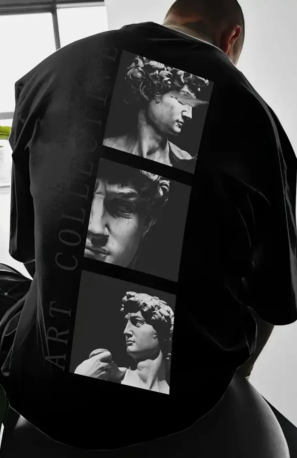 Benzersiz Sırt Baskılı Erkek Sokak Stili Bol Tişört - Nefes Alabilir Polyester, Makinede Yıkanabilir - Siyah