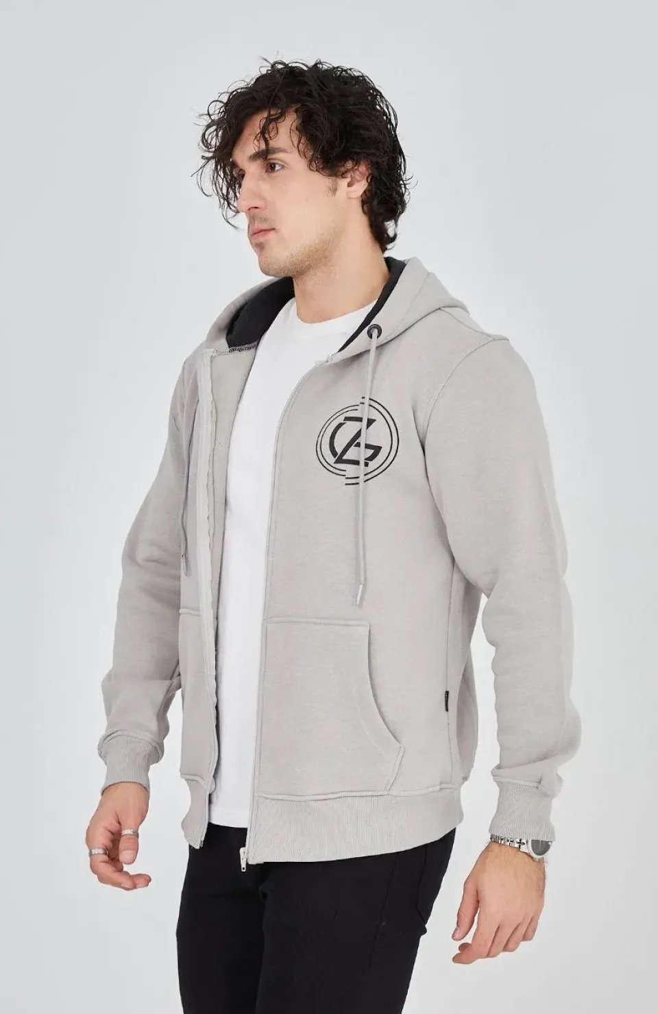 Erkek Kapüşonlu Baskılı Fermuarlı Hırka - Boyalı Gri Somersan Giyim | Kadın, Erkek ve Çocuk Moda