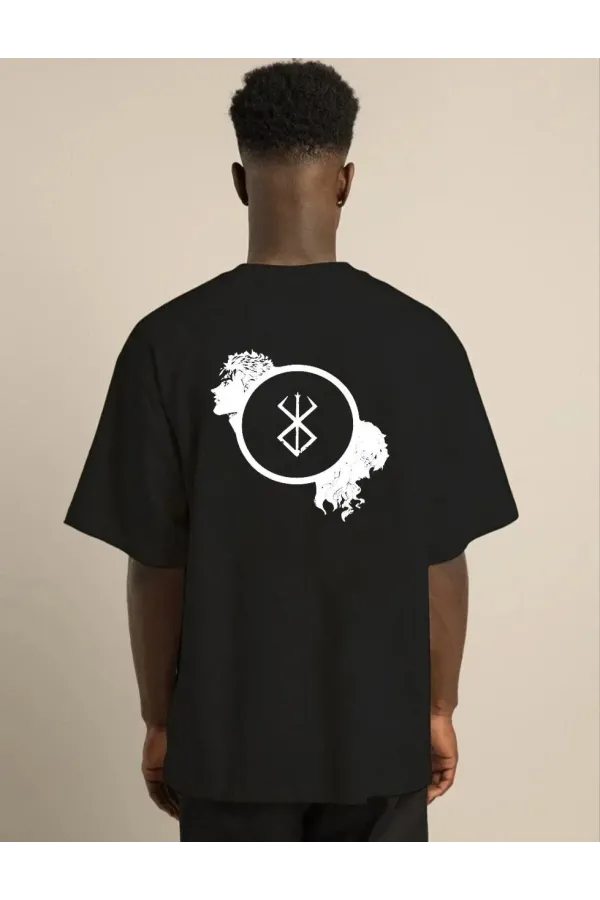 Unisex Bisiklet Yaka Baskılı Oversize T-Shirt - Siyah