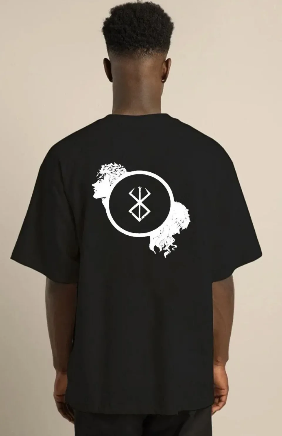 Unisex Bisiklet Yaka Baskılı Oversize T-Shirt - Siyah