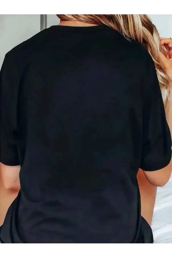 20/1 Penye Compack Baskılı Oversize Bisiklet Yaka Kısa Kol T-shirt - Siyah