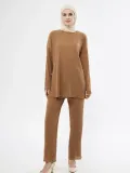 Uzun Kollu Organik Yıkanmış Kumaş Fitilli Pantolonlu Takım - Kahve Somersan Giyim | Kadın, Erkek ve Çocuk Moda