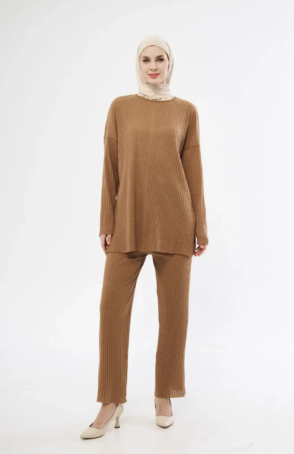 Uzun Kollu Organik Yıkanmış Kumaş Fitilli Pantolonlu Takım - Kahve Somersan Giyim | Kadın, Erkek ve Çocuk Moda