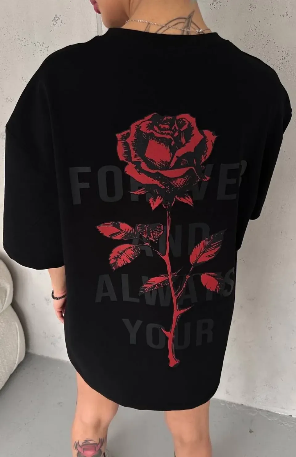 Unisex Bisiklet Yaka Baskılı Oversize T-Shirt - Siyah