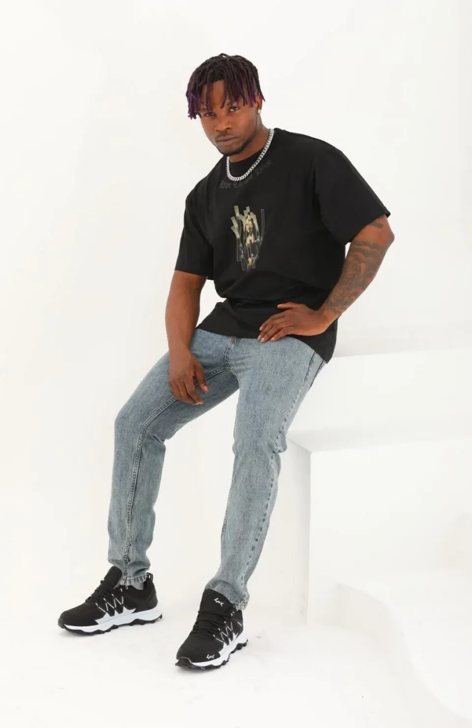 Unisex Oversize Baskılı Bisiklet Yaka T-Shirt - Siyah