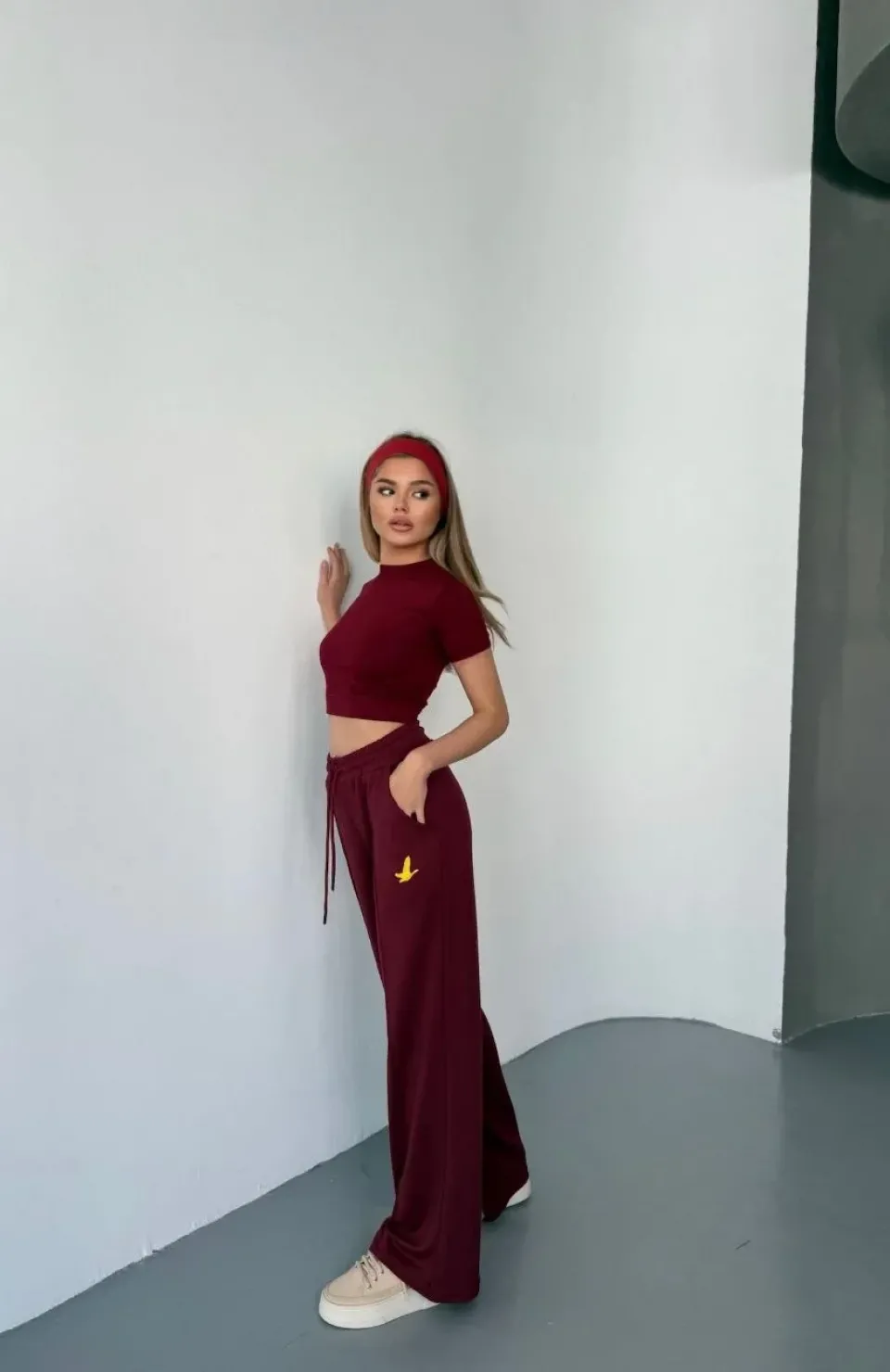 Osy Modal Yumuşak Dokulu Kumaş Nakış işlemeli Rahat Bol Paça Eşofman Pantalon - Bordo