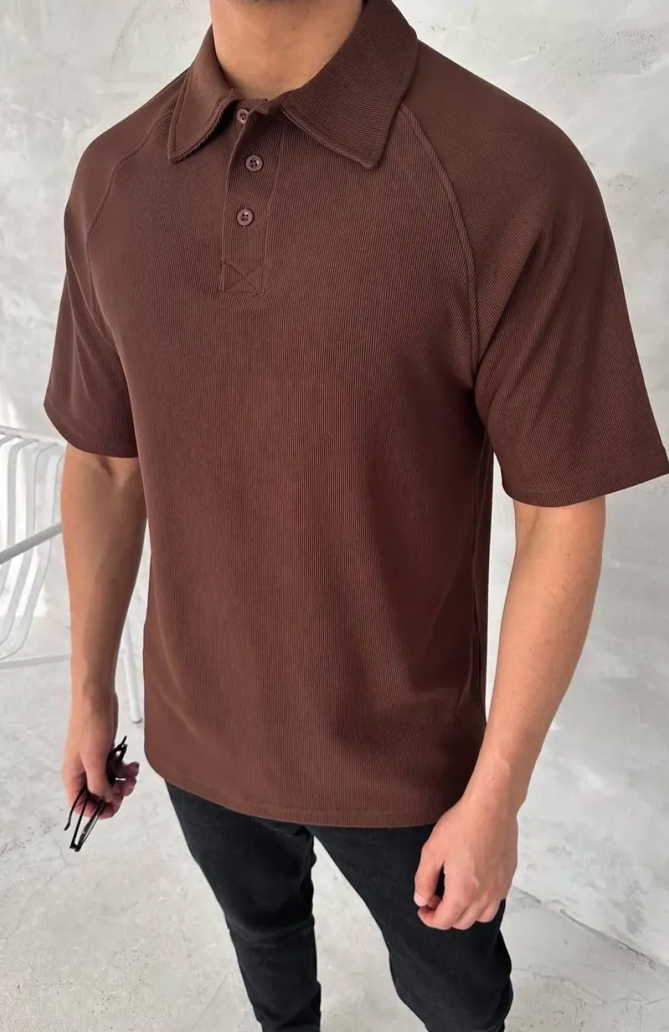 Yakalı Patlı Kısa Kol T-shirt - Kahverengi