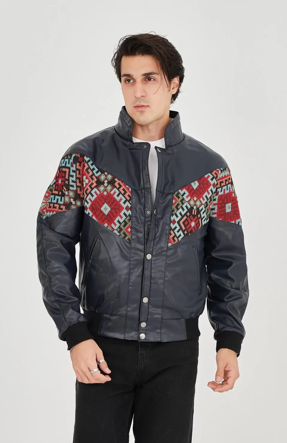 Erkek İçi Astarlı İçten Yaka Kısmı Peluşlu Suni Kumaş Vintage Ceket - Lacivert