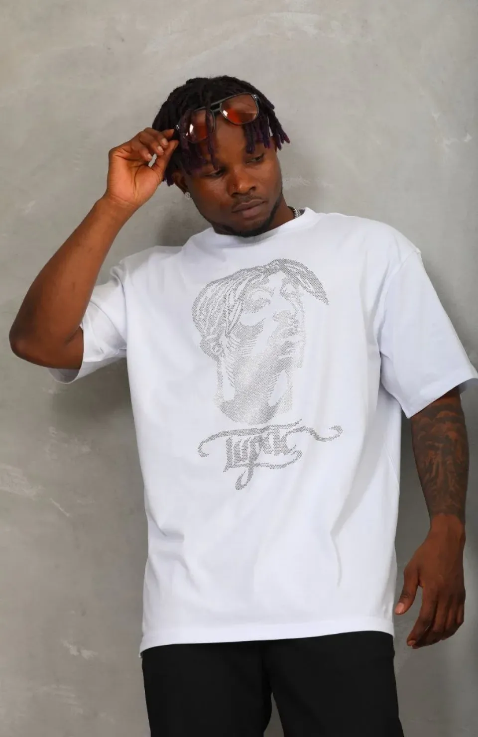 Unisex Oversize Taşlı Bisiklet Yaka T-Shirt - Beyaz