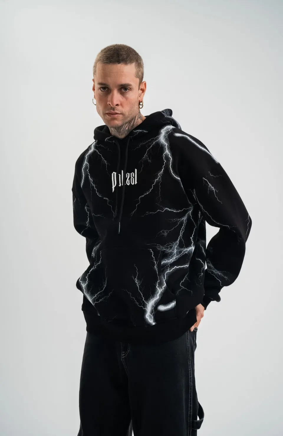 Double Oversize Kapşonlu Şimşek Pano Baskılı SweatShirt - Siyah