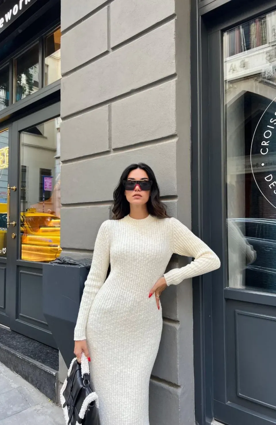 Bisiklet Yaka Fitilli Uzun Elbise - Beyaz