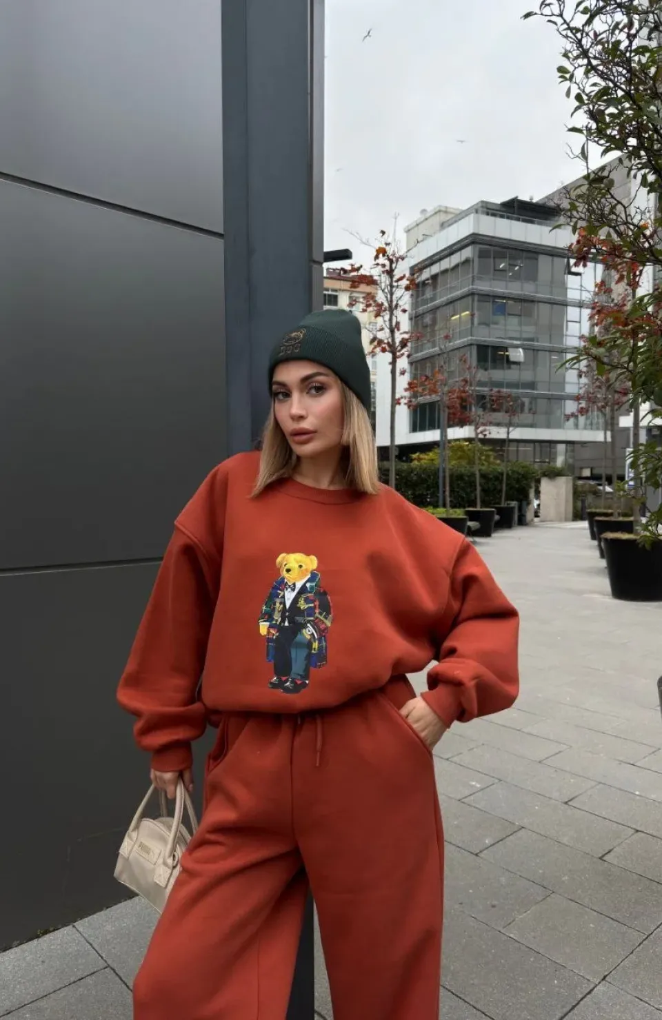 Bisiklet Yaka Üç İplik Sweat Takım - kiremit