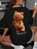 Büyük Boy Ayıcık Baskılı Bisiklet Yaka T-Shirt, İlkbahar & Yaz İçin Rahat Kısa Kollu T-Shirt, Kadın Giyim - Siyah