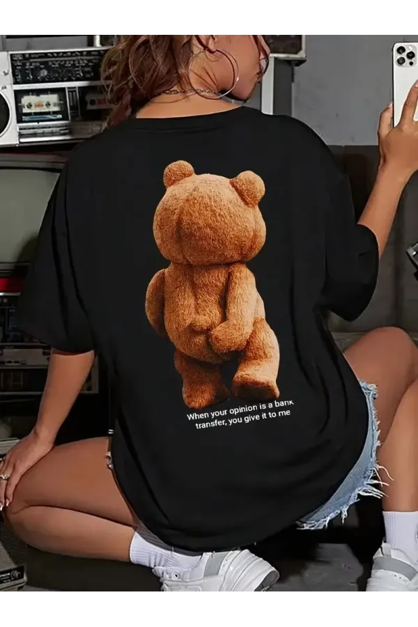 Büyük Boy Ayıcık Baskılı Bisiklet Yaka T-Shirt, İlkbahar & Yaz İçin Rahat Kısa Kollu T-Shirt, Kadın Giyim - Siyah